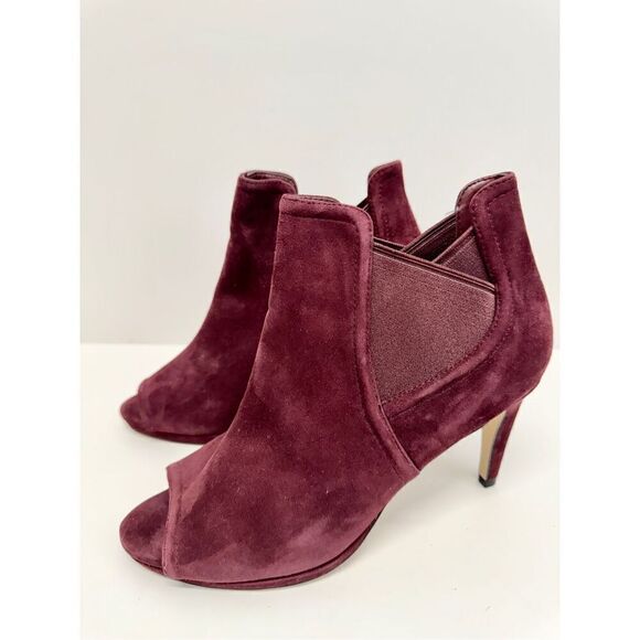 Cole Haan Peep Toe Ankle Booties Size 7B Burgundy Leather Suede Stiletto Heel - Picture 5 of 10